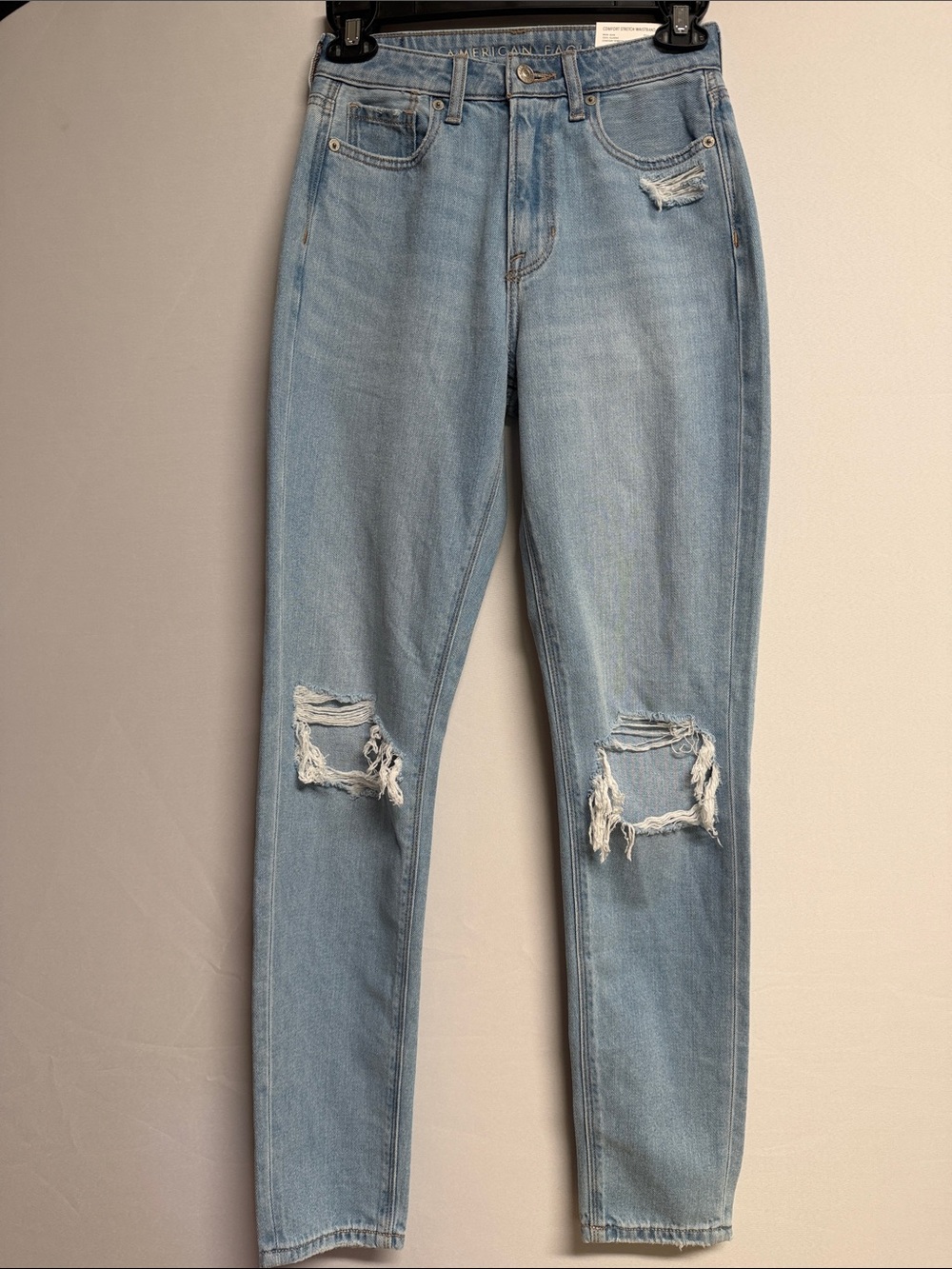 American Eagle Light Blue Distressed Mom Jeans Size 0 Long/ 25 W - Picture 2 of 14